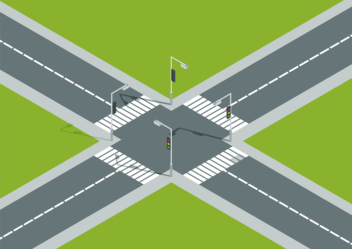 City crossroad isometric view with road markings, traffic lights pedestrian zebra crossing