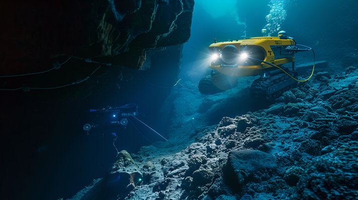 Yellow submersible underwater exploring a dark cave with a second submersible in the distance