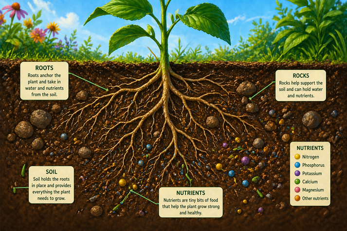 A cross-section of soil showing roots, rocks, and nutrients underground.