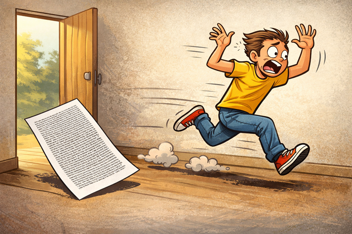 cartoon of a boy running away from a boring paper