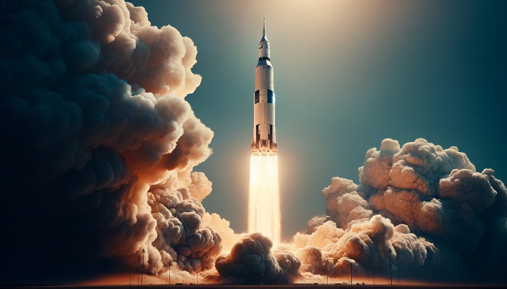 Saturn V A medium shot of the historic Saturn V rocket during liftoff, emphasizing the massive plume of exhaust and the scale of human space exploration.