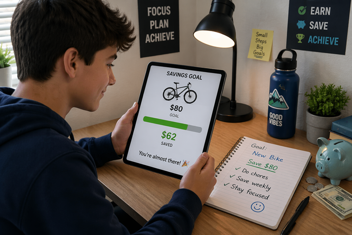 student looking at a savings goal on a phone or tablet, with a progress bar and money increasing