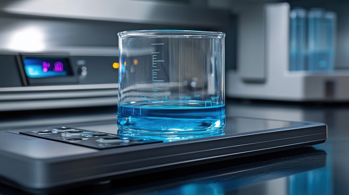 A closeup of a glass beaker atop a digital weighing scale.