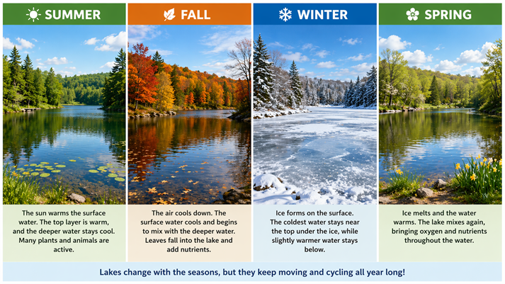 four-panel image showing a lake in summer, fall, winter (frozen), and spring