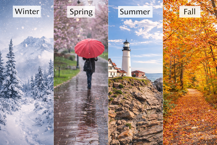 Four panels showing Northeast seasons—snowy winter, rainy spring, sunny summer, colorful fall leaves.