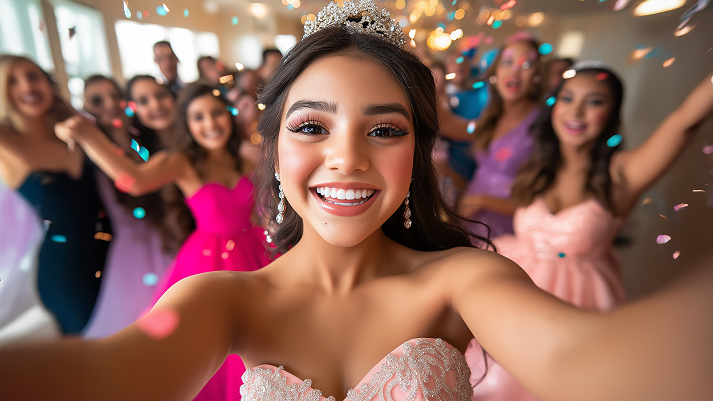 Quinceanera girl taking selfie with friends throwing confetti at party