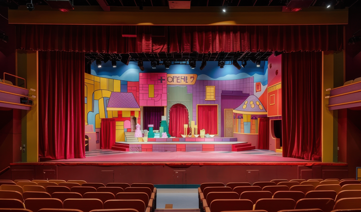 A colorful theater stage set for a performance, featuring vibrant buildings and props.