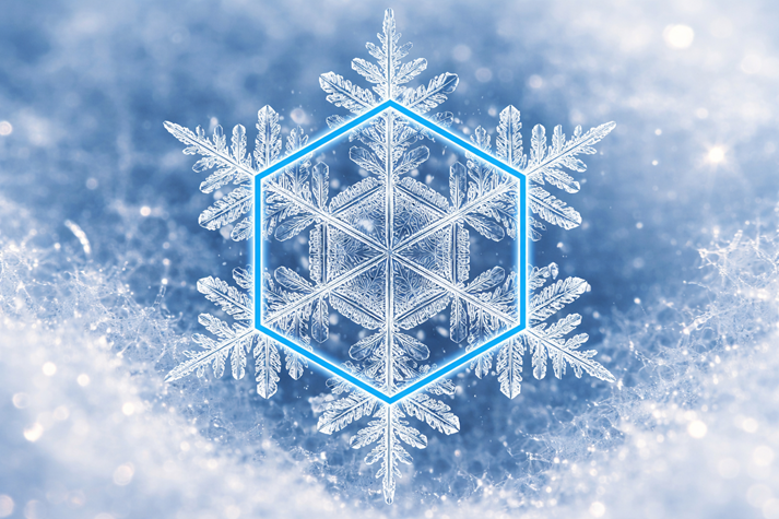 intricate snowflake with blue hexagon outline