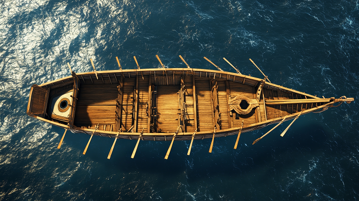 A detailed aerial photograph of a full-scale replica of an ancient Greek Trireme warship in the port of Faliron, Attica, Greece