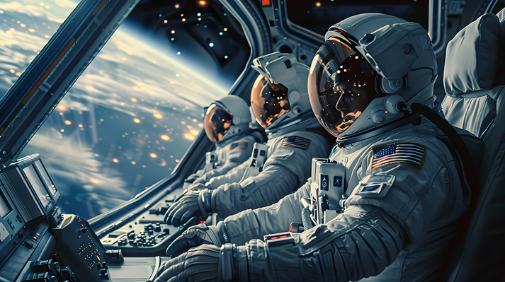 Team of astronauts in a space suits aboard the orbital station.