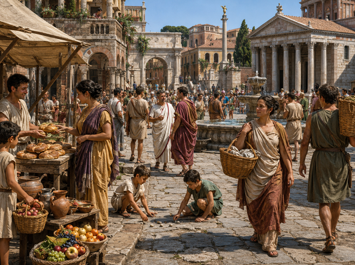 Bustling Roman marketplace with daily life