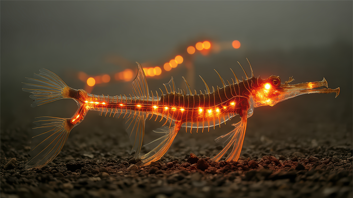 Spiny dragonfish glowing with red photophores in a softly blurred abyssal plain setting