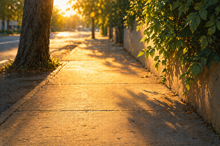 Golden hour on a quiet sidewalk