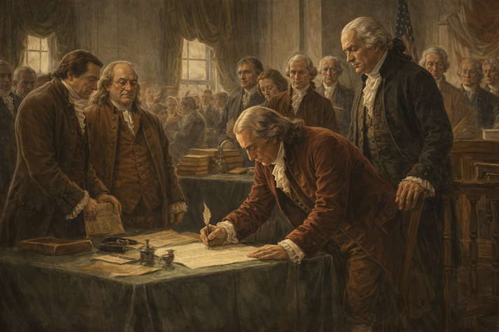 A historical scene of leaders signing an important document, with Franklin among them