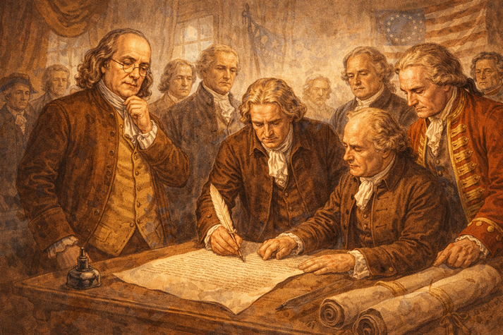 A group of leaders gathered around a table signing an important historical document, with Franklin included