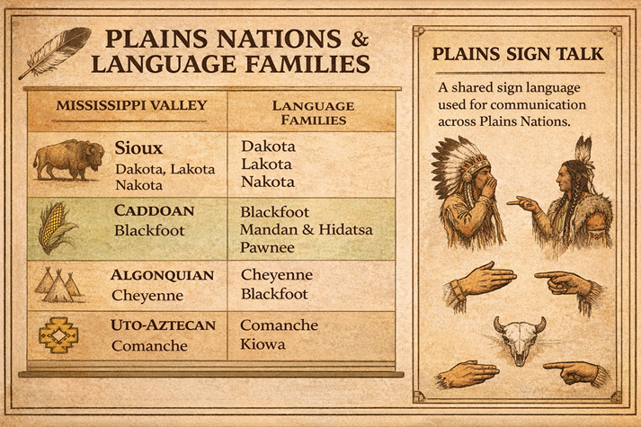 A rectangular classroom-style infographic showing several Plains Nations, their language families, and a small panel explaining Plains Sign Talk as a shared communication system used across groups.