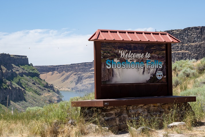 Shoshone Falls Park Twin Falls, Idaho - June 30, 2019: Welcome sign for Shoshone Falls Park, a large waterfall that is considered the Niagara of the West
