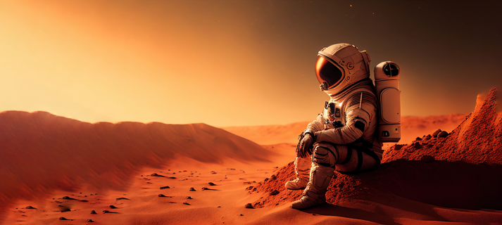 Astronaut on mars the red planet. Landscape with desert and mountains, Colonization of Mars, generative ai
