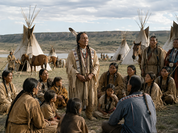 Native American camp at dawn