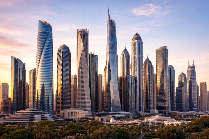 A modern city skyline showing buildings with different shapes, materials, and heights.