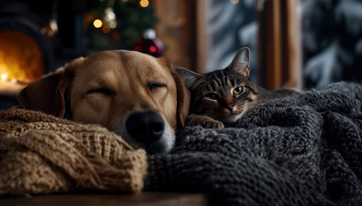A dog and a cat are laying on a blanket together