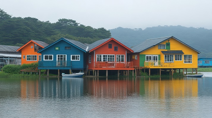houses on stilts Colorful houses on stilts reflected in calm water.