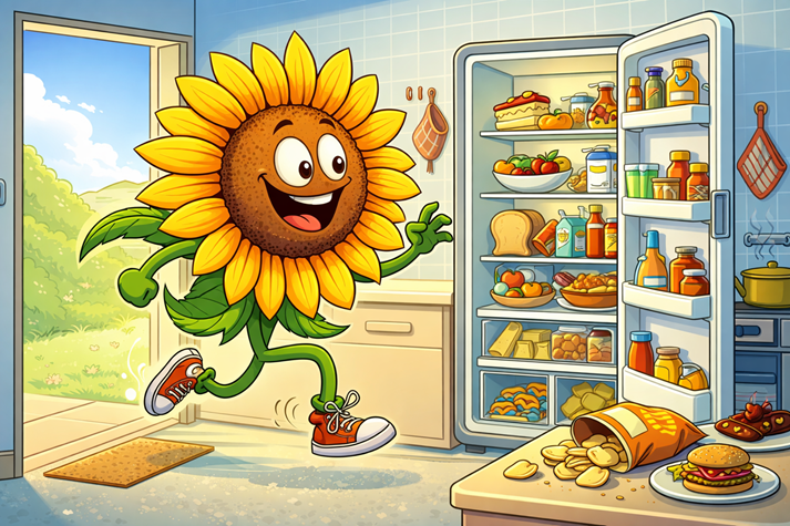 cartoon sunflower running into the kitchen for a snack
