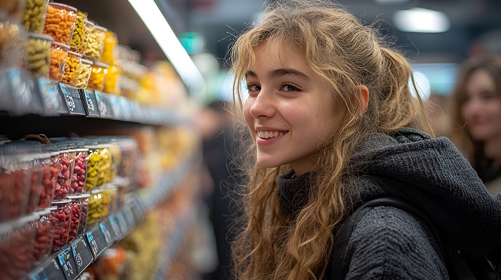 shopping for snacks Teenager smiles at snack aisle in grocery store