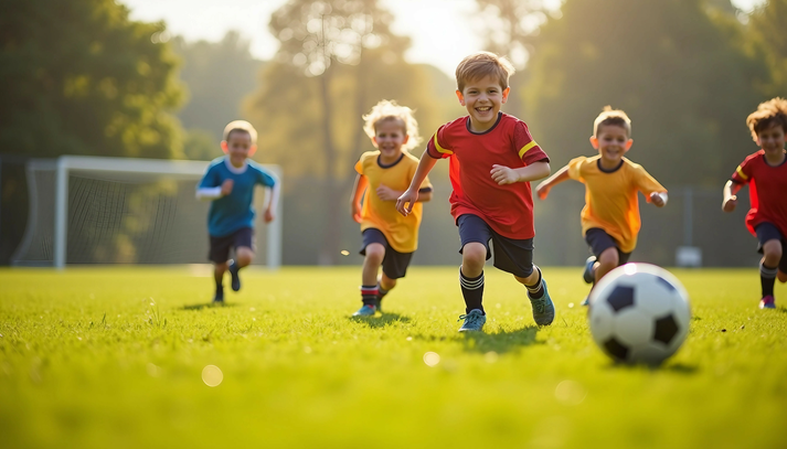 Children play soccer energetically on a grassy field, with a focus on the players and dynamic light and shadow that enhance the lively scene.