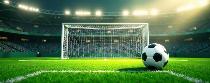 Minimalist soccer field background with empty goal net and ball