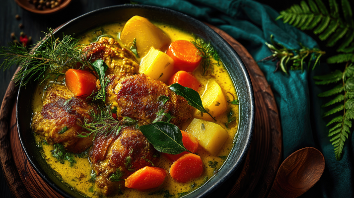 Panama dish Sancocho Chicken stew with root vegetables chunky yellow broth