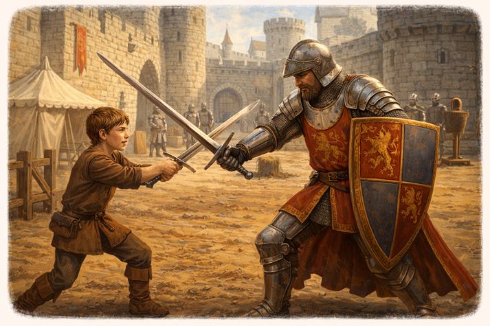 A young page training with a knight in a castle courtyard