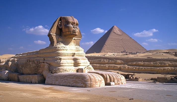 Majestic great sphinx and pyramid in Giza, Egypt Majestic great sphinx and pyramid of khafre against a clear sky in giza, egypt s desert landscape