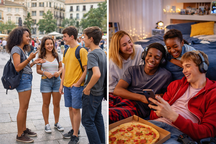 Teens socializing outdoors in a city plaza versus teens hanging out indoors