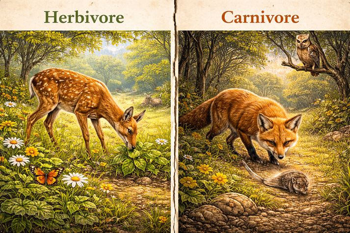 split image showing herbivore eating plants and carnivore hunting prey