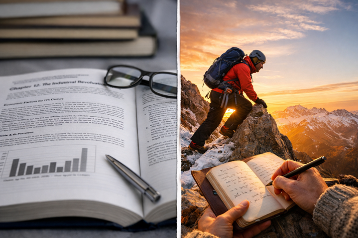 A split image—one side showing a dull textbook page, the other showing a vivid scene