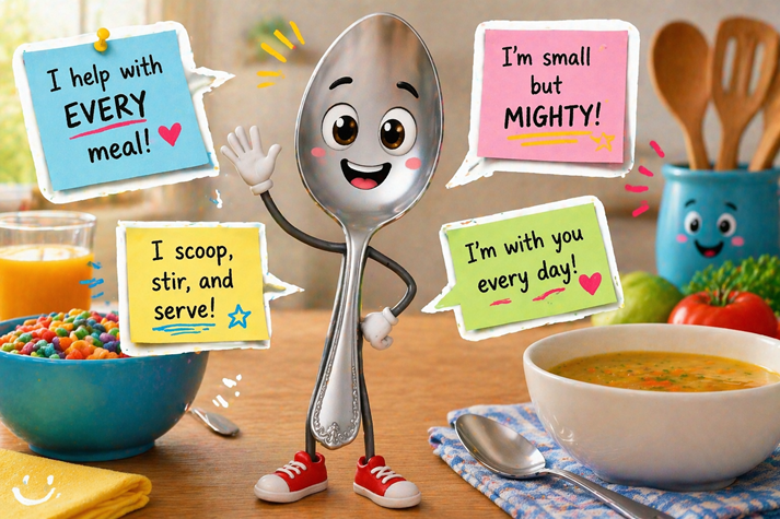 Cheerful spoon mascot in the kitchen