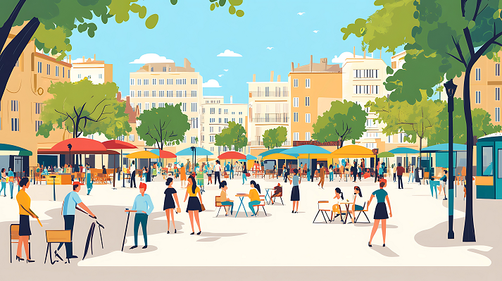 Sunny City Square with People Relaxing.