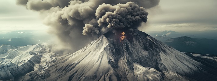 Mount St. Helens The dramatic eruption of Mount St. Helens with ash plumes and pyroclastic flows, Volcanic scene, Dramatic style