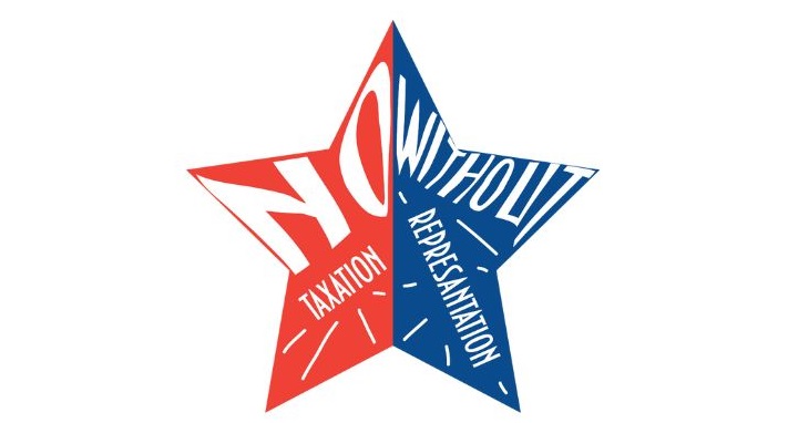 No taxation without representation. Red and blue star with text No Taxation Without Representation. The slogan of the American Revolution.