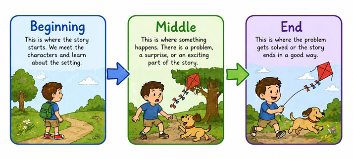 A simple three-part diagram showing “Beginning,” “Middle,” and “End” with arrows connecting them.