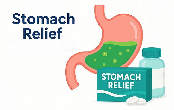 Illustration of stomach relief medication with pills and digestive aid