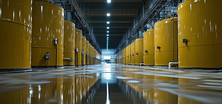 A high-security storage facility for spent nuclear fuel, highlighting the challenges of nuclear waste management.