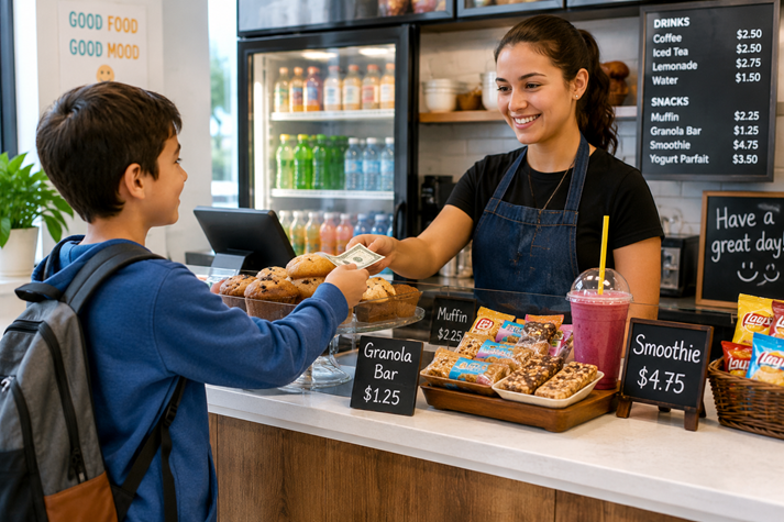 A rectangular image showing a student buying snacks at a small café counter with price tags like $4.75 and $1.25 clearly visible. Bright colors, realistic setting, friendly mood.