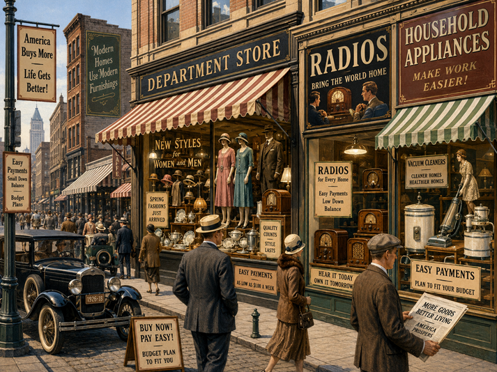 1920s downtown shopping and advertising scene