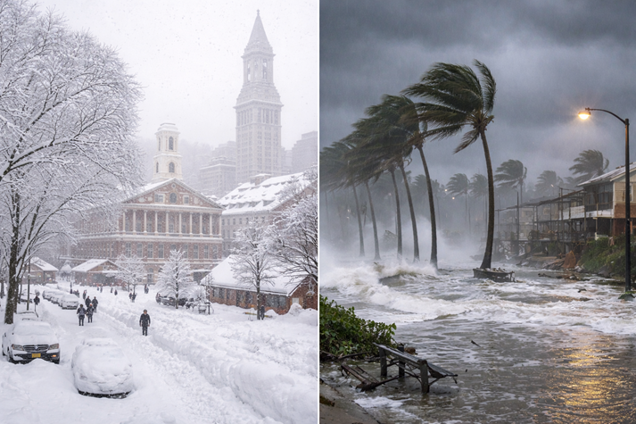 Snowstorm and hurricane side by side