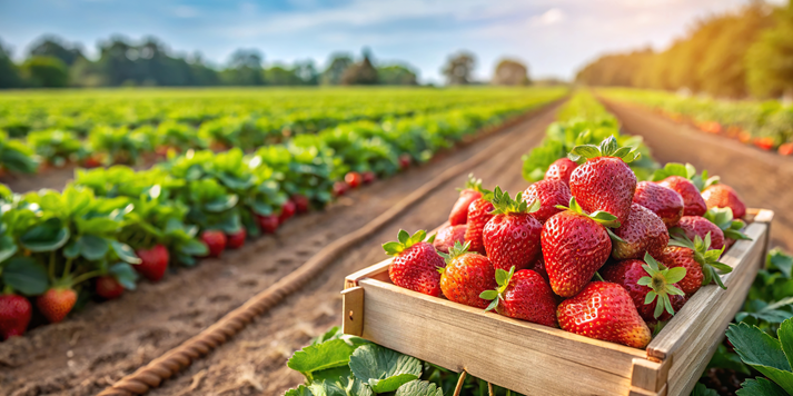 gathering strawberry harvest on plantation in farm