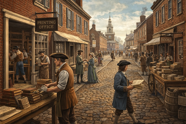 A busy colonial street in Philadelphia with a print shop, books, and people working