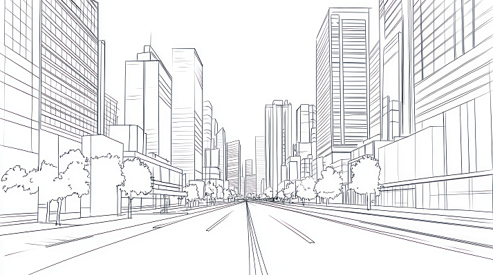 Architectural city street sketch, urban planning, building design, vector illustration, graphic design