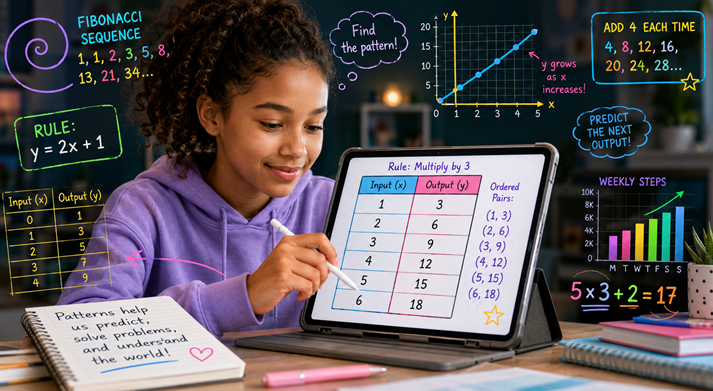 A student using a colorful T-chart on a tablet while graphs and number patterns float around the screen.